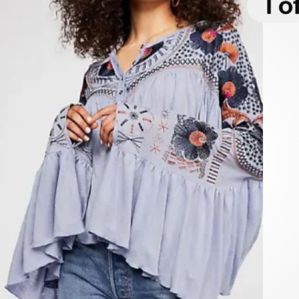 Free People NWOT Small Delhi Moon Boho Embroidered Top Lilac Foggy Periwinkle